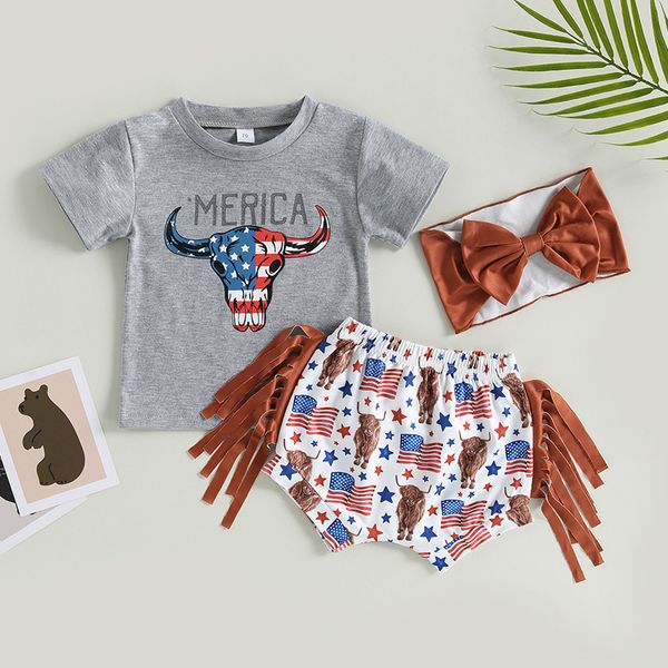 Babyjungenmädchen-Karikaturausstattungskuh druckte Kurzhülse T-Shirt amerikanische Flaggetroddel schließt Haarzusätze 3pcs Kleidungssatz beiläufige Kleidungsklagen S2196 kurz