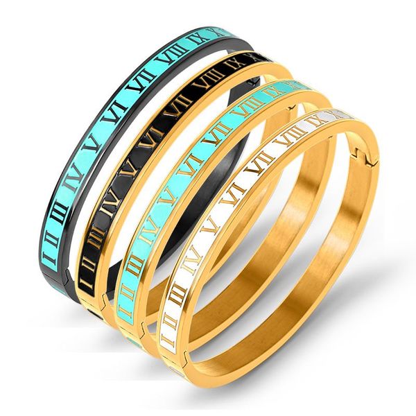 Vintage Edelstahl Römische Buchstaben Armbänder Für Frauen Schwarz Gold Ziffer Farbe Charme Manschette Armreifen Schmuck Geschenk