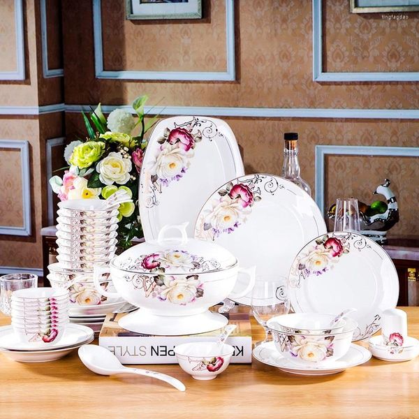 Jingdezhen 60 PC Bone China Dinnerware Set - Porcelain Tableware with Bowls, Dishes & Covers. Elegant, Durable, and Versatile for Home and Events.