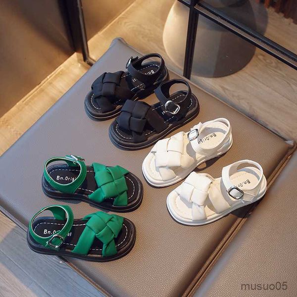 Sandalen Sommer Kinder Sandalen Geflochtene Stilvolle 27-37 Trendige Kinder Strand Slider Einfarbige Chunky Open Toe Leder Mädchenschuhe