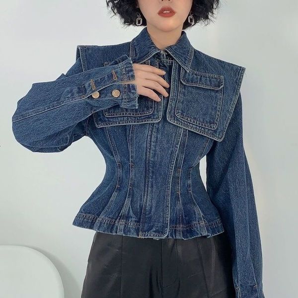 Giacche da donna Coreano Chic Design vintage vita chiusa giacca corta in denim da donna stile porto ufficio signora indossare cappotto di jeans giacca da donna leader blu scuro 230508