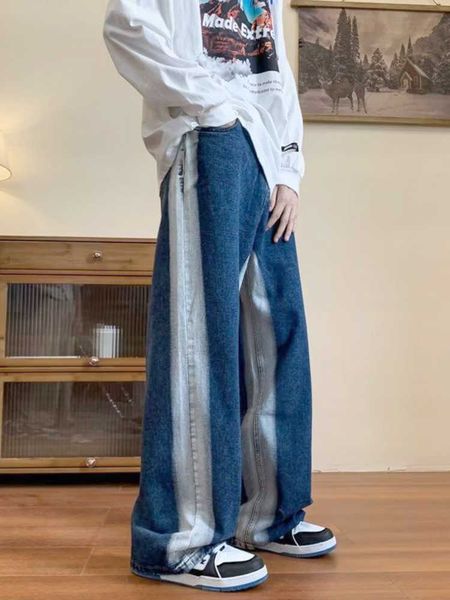 Erkekler Kot Gmiixder Vintage Jeans geniş bacak Sokak Giyim Birleştirme Denim Pantolon Unisex Beyaz Kalın Çizgili Patchwork Yüksek Bel Pantolonları Z0508