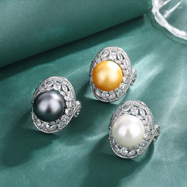 Anelli a grappolo Vintage Simple Grey Pearl Open Open Regolable Finger Dining Gift Women Jewelry Anniversario Cubic Zirconia