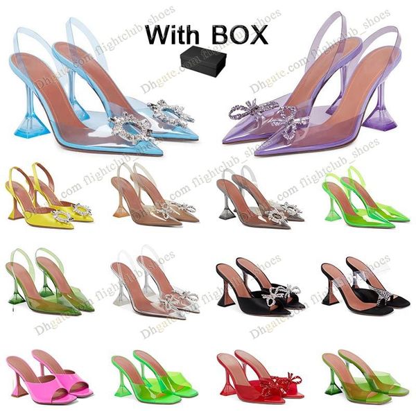 Com a caixa da moda Amina Muaddi Sandals Heel Women Lupita Mulas metálicas PVC Top Strap Famous Ladies Designer Clear Summer Crystal Transparent Wine Sales Senhoras