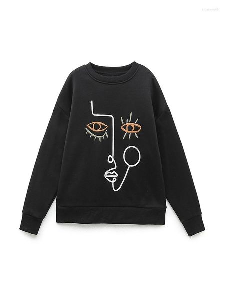 Frauen Hoodies 2023 Mode Frauen Kleidung High Street Langarm Gesicht Stickerei Pullover Sweatshirt Rundhals Schwarz Lose Lässig