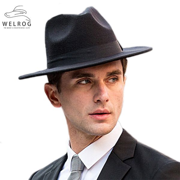 Wide Brim Hats Bucket Hats WELROG Vintage Wide Brim Panama Fedoras Autumn Elegant Men Flat Brim Hats Black Belt Bucket Herren Winter Fedora Caps 230506