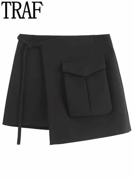 Saias Traf Salia de carga preta Mulheres da cintura alta Mini saias Mulher Moda 2023 saias curtas assimétricas para mulheres Skort Skort P230508