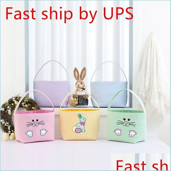 Andere festliche Partyartikel Oster-Süßigkeiten-Korb Seersucker Stripe Bucket Easter Eggs Storage Bag Mtipurpose Home Clothes Baskets Dhgan