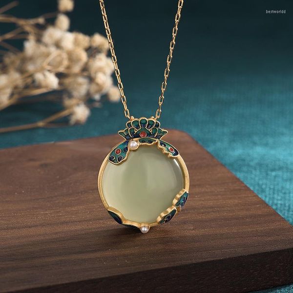 Colares pendentes de colar clássico de estilo China Acessórios para esmalte pingado embutido verde hetiano jade retro jóias 22 28cm