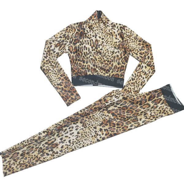 Tuta con stampa leopardata Tuta sportiva da donna T-shirt con mezza cerniera Tuta aderente da palestra Leggings da yoga