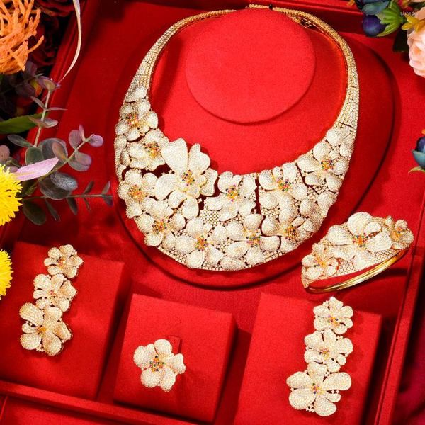 Brincos de colar Conjunto Kellybola 2023 Moda Flores de luxo Zirconia Anel Bracelet Mulheres Casamento Dubai Índia Jóias da África