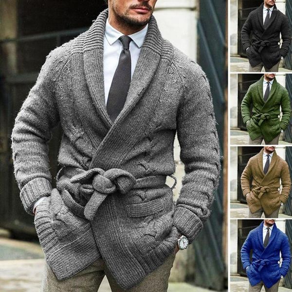 Maglioni da uomo Cardigan da uomo alla moda Cappotto caldo lavorato a maglia Polsini a costine Cintura in tinta unita autunno inverno resistente al freddo