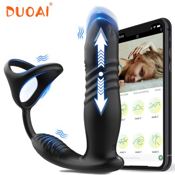 Vibratori Maschili Spinta Massaggiatore della prostata Bluetooth APP Controllo Telescopico Butt Plug Vibratore anale Uomini Gay Dildo BDSM Giocattolo del sesso per coppie 230508