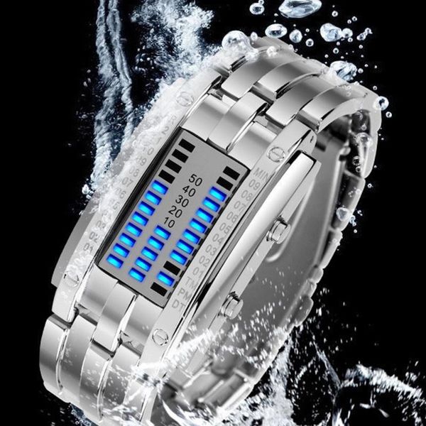 Armbanduhren Mode Männer Edelstahl Blau Binäre Leucht LED Elektronische Uhr Zeigt Wasserdichte Frauen Reloj Hombre