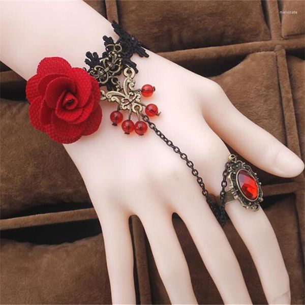 Bettelarmbänder Vintage Rose Gothic Stil Kristallspitze Armband mit Ring Schwarz Cosplay Kostüm Prop Damen Armreifen Schmuck Geschenk