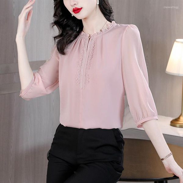 Blusas femininas de seda rosa sólida feminina de chiffon camisa 2023 primavera/verão o-deco