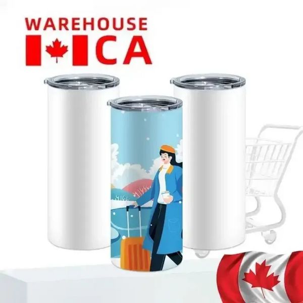 CA USA Warehouse de 20 onças Garrafas de água sublimação em branco Tumblers retos Canecas de chá portáteis com tampa e palha de plástico Copo de acampamento ao ar livre por atacado