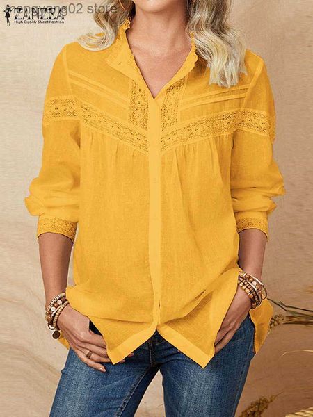 Camicette da donna Camicie ZANZEA 2023 Camicetta elegante girocollo Camicetta da donna Moda patchwork in pizzo Blusa Camicia bianca a maniche lunghe casual Office Lady Top trasparenti T230508