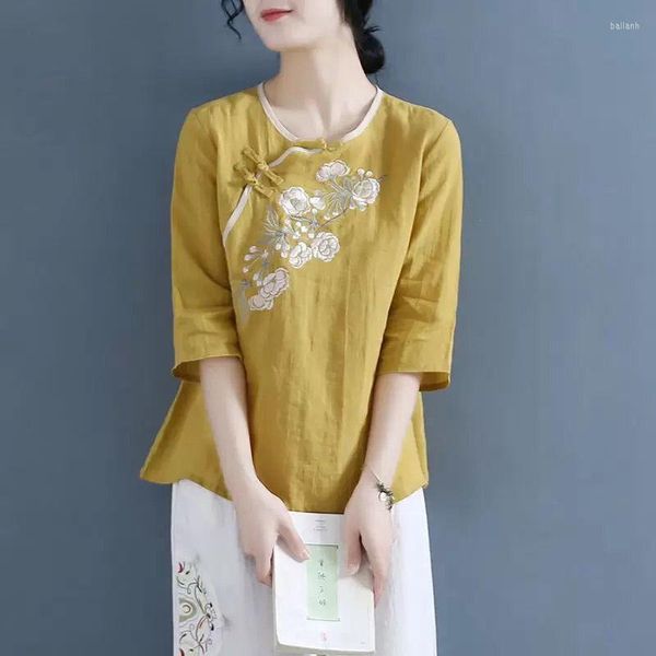 Ethnische Kleidung 2023 Chinesische Frauen Bluse Traditionelles Vintage Schräges Hemd Zen Sommer Orientalische Frau Tops Stehkragen Cheongsam KK4248