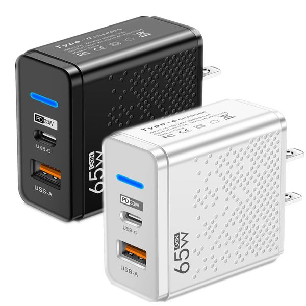 Gan 65W Dual Ports PD USB C Wandladegerät QC3.0 48W 33W 12W USB-Netzteile für iPhone 12 13 14 15 Samsung HTC LG EU US UK Stecker