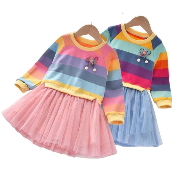 Mädchen Kleider Baby Mädchen Prinzessin Herbst Pullover Fleece Gaze Tutu Kinder Kleidung Langarm Regenbogen Streifen Für 230508