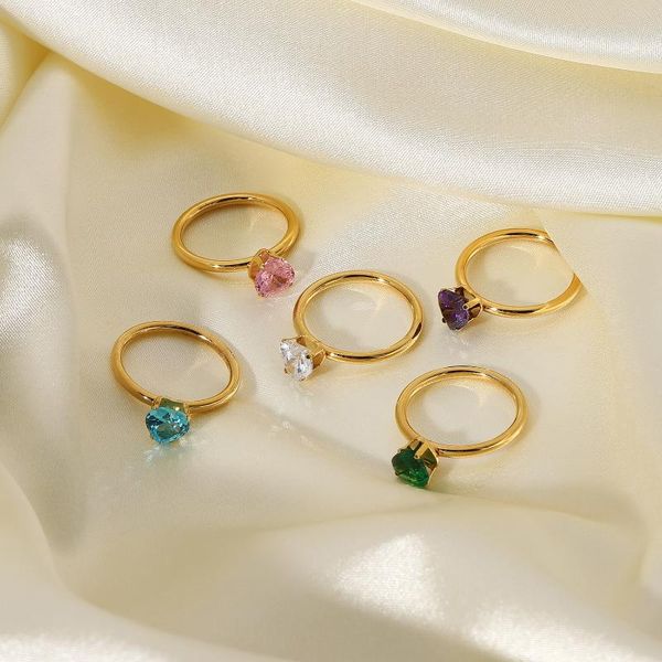 Anéis de casamento Anel de zircão de coração para o presente de cor da mulher, amizade de joias de aço inoxidável de aço inoxidável