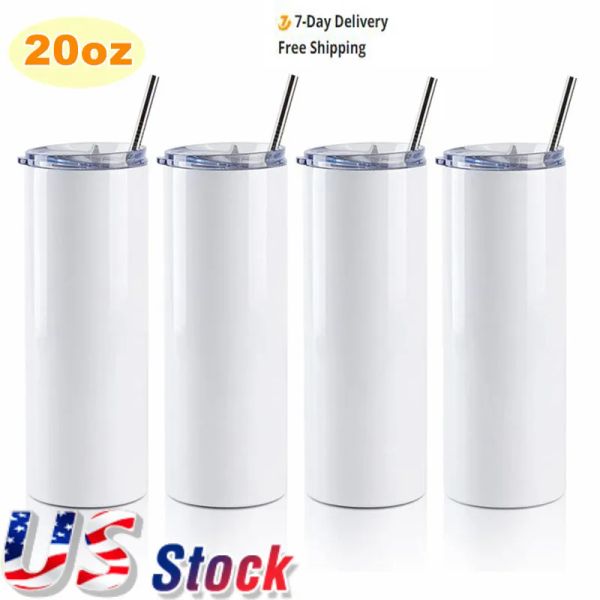 US Ca Stock Stock 20oz Branco Sublimação Tumbler reto espanhol Double 304 caneca com palha de aço inoxidável Vacuum xícara de água Pressionamento de machine de pressão