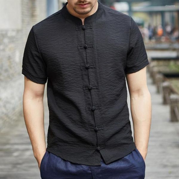 Herren Freizeithemden Vintage Herren Sommerhemd Stehkragen Kurzarm Top Einfarbig Slim Fit Knotenknöpfe Chinesisch Traditionell