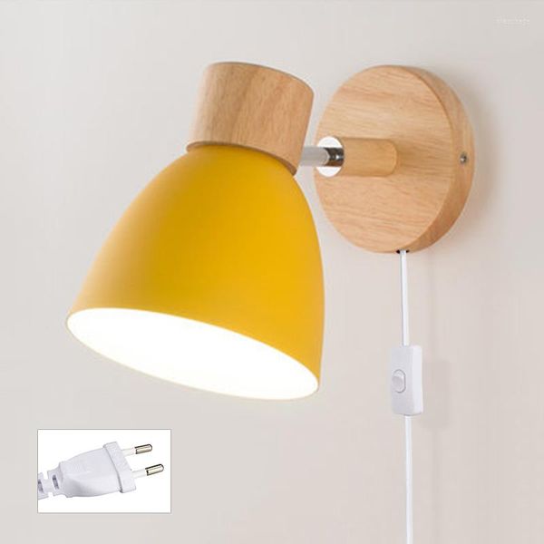 Lâmpada de parede lâmpadas modernas nórdicas com plug de madeira e27 plugue de madeira para o quarto macaroon 6 colorido iluminação de cabeça de direção