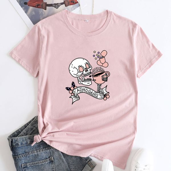 Camiseta feminina ADHD Gang Caffiene Tshirt Funny Skeleton Bebing Coffee Goth Top Top Camiseta 230508