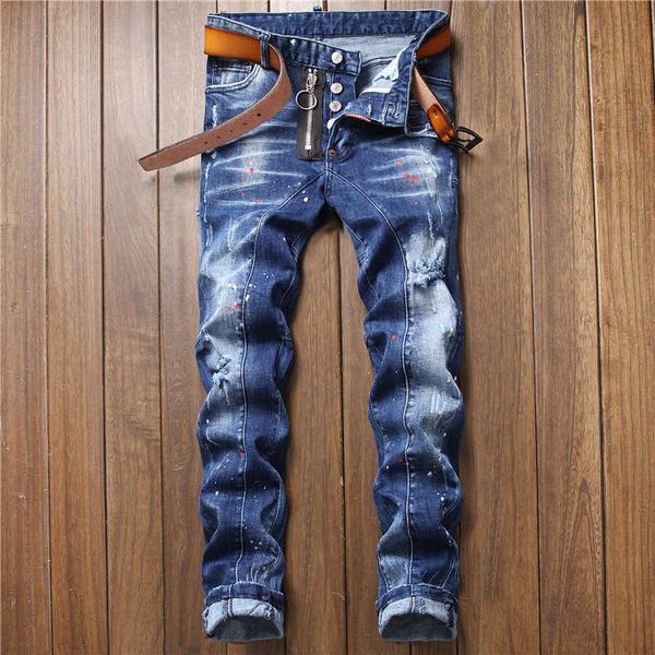 Jeans masculino luxo masculino slimfit rasgado azul jeans calcshigh de qualidade de impressão decoração jeanswhite lava de jeans sexy de rua z0508