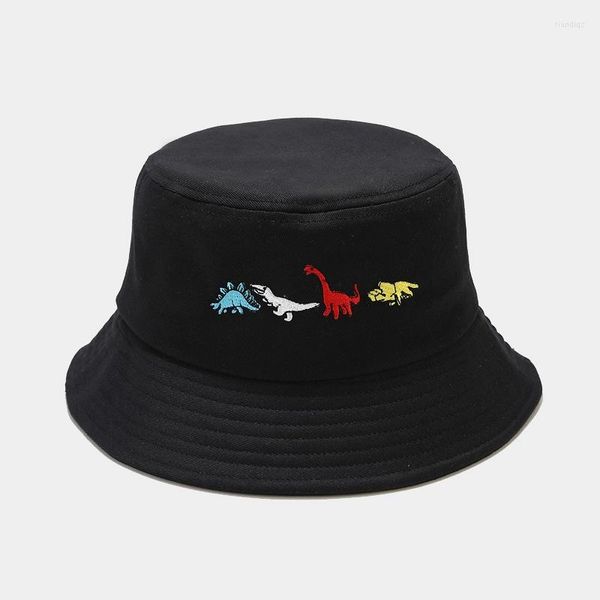 Boinas algodón dibujos animados lindo pequeño dinosaurio bordado cubo sombrero moda Joker viaje al aire libre gorra de sol para hombres y mujeres 39