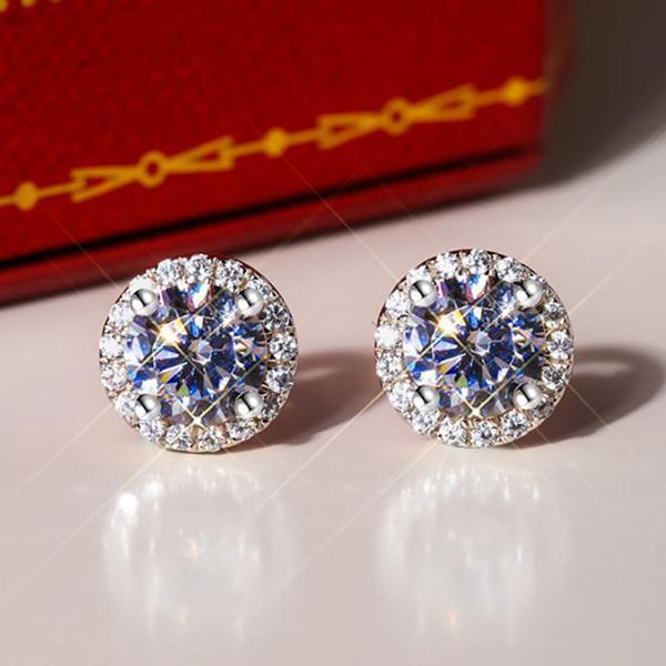 Brincos luxuosos de zircônia cúbica para mulheres, brincos de cristal brilhante com agulha de prata esterlina S925, brincos redondos de diamante, presente de joias de casamento