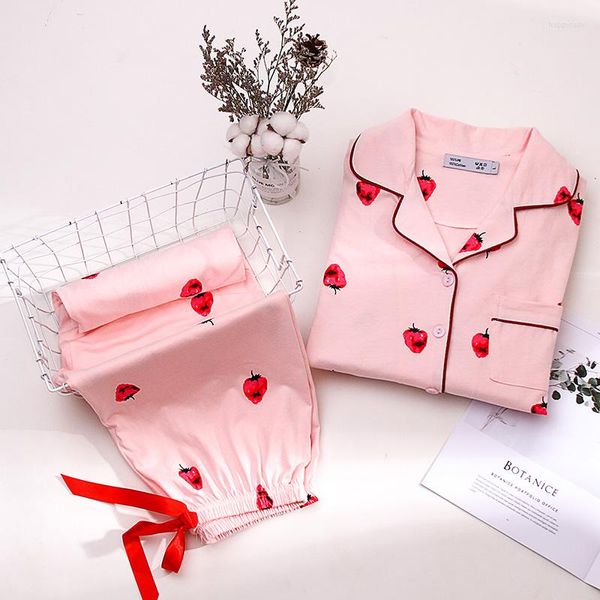 Damen Nachtwäsche Erdbeerdruck Baumwolle für Frauen 2 STÜCKE Winter Rosa Reiner Pyjama Anzug Koreanische Pyjamas Femme Nettes Pijama Set