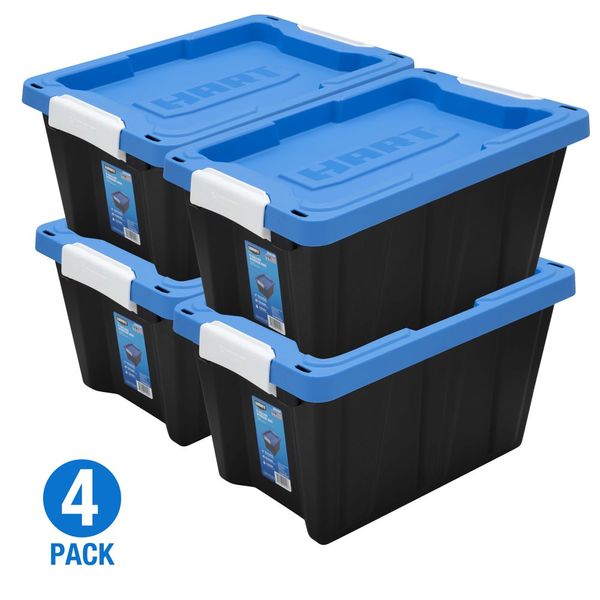 HART 5-Gallonen-Lagerbehälter aus Kunststoff mit Verriegelung, schwarzer Boden mit blauem Deckel, 4er-Set