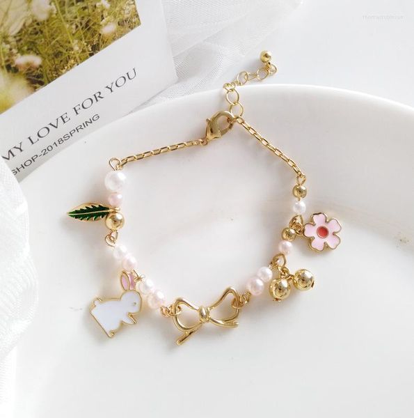 Braccialetti con ciondoli Bracciale a catena con fiori di pesco Rosa Perle bianche Perline Regalo per feste di compleanno per neonate regolabili Braccialetti con ciondoli Fascino