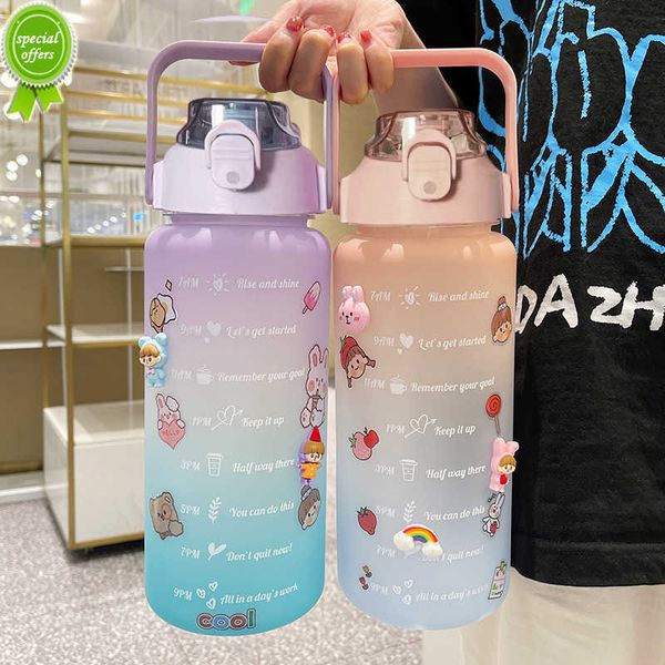 2l Kawaii Wasserflasche Große Kapazität Sport Motivierender Auslaufsicherer Trinkbecher mit Zeitmarkierung Kostenloser Versand Artikel