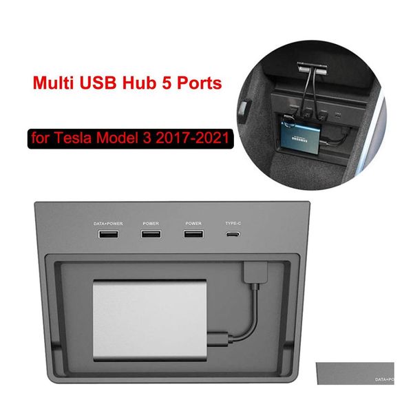 Hub USB per l'elettronica dell'altra auto per Tesla Model 3 Y Ricarica wireless 5 porte Ssd Disk Storage Center Console Kit Accessori per auto Pad Dhzcj