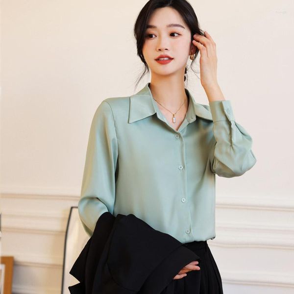 Damenblusen Elegantes Büro Damenhemd Koreanischer Stil Damenbluse Frühling Sommer Langarm Einfarbig Satinhemden Tops Blusa Mujer