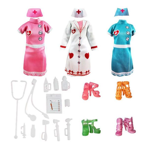 Kawaii Doktor Hemşire Şef Giyim 21 Ürün/Lot Bebek Aksesuarları 30cm Çocuk Oyuncaklar Moda Kıyafet Elbise Kıyafetleri Barbie Dolls Hediyeler