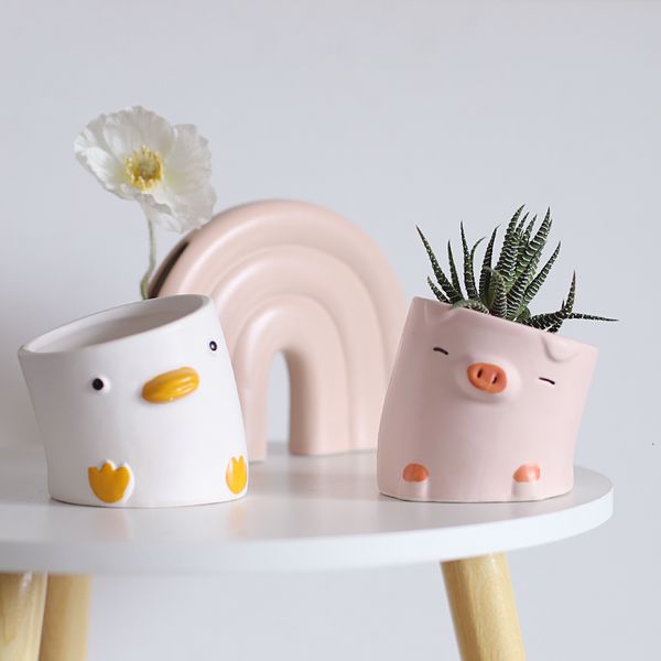 Fioriere Vasi Simpatico cartone animato Animale Vaso da fiori Desktop Balcone Piantina succulenta Vaso da fiori Decorazione Creativo Anatra storta e maiale Vaso in ceramica 230508