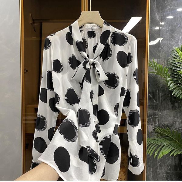 Damenblusen Nachahmungsseide Top Schwarz Weiß Polka Dot Shirt Streamer Damen Tops Bluse