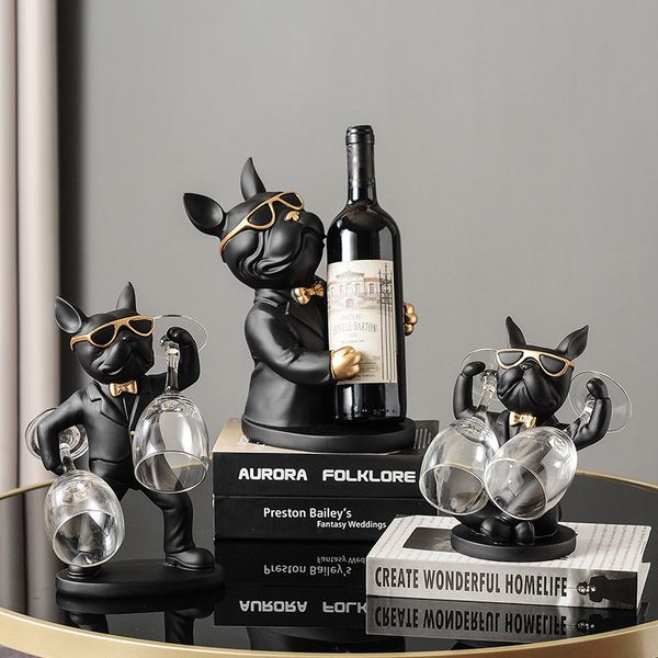 Objetos decorativos Figuras Decoração em casa Ornamentos de cães French Bulldog Wine Glass Holder Stand Stand Table Decoração de resina Nórdica Escultura 230508