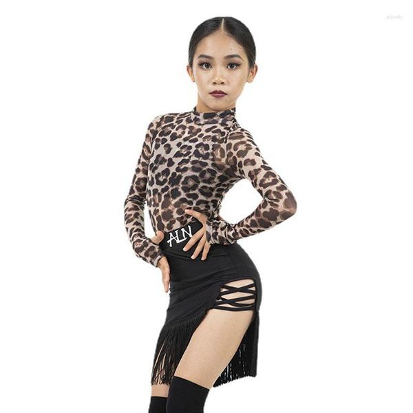 Abbigliamento da palcoscenico Danza per bambini Autunno Costume latino a maniche lunghe Gonna Abito da ragazza Stampa leopardata Nappa elastica leggera Corto