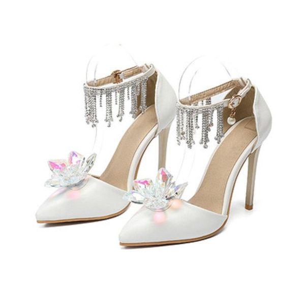 Sandali da donna con fiori di cristallo e tacchi alti, scarpe da sposa, damigella d'onore, abito da festa, cinturino alla caviglia, décolleté sottili 11 cm