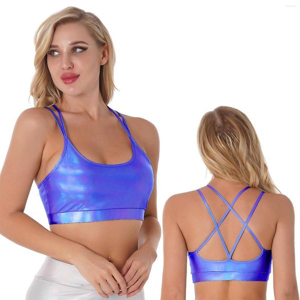 Tanques femininos #S-XL Mulheres Shiny Metallic Sports Strappy sem costas Removable Pads Gym Yoga Treino Bras Tops Fantas