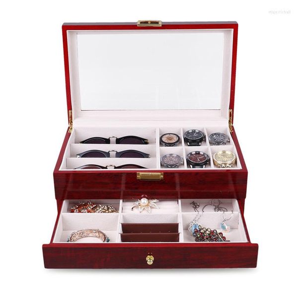 Bolsas de joalheria Caixa de armazenamento de camada dupla de luxo 6 grades assistir 3 Girds Glasses Casol Colar Bracelet Organizador