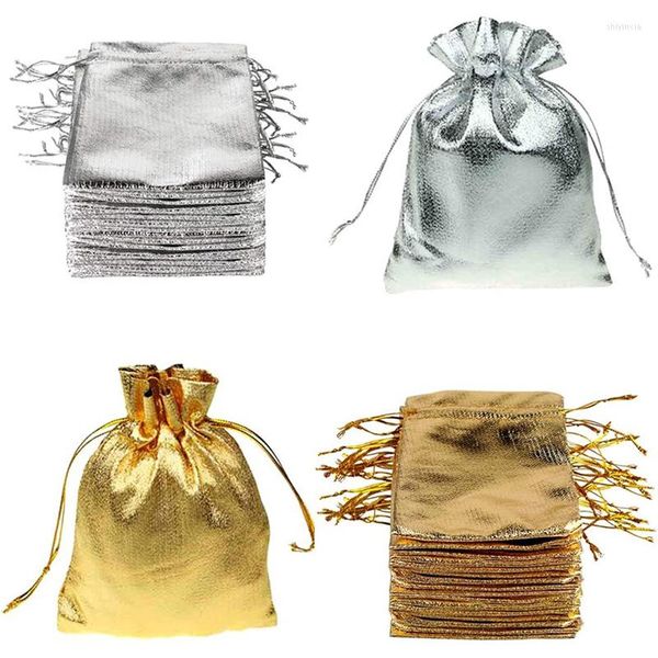 Pacote de embrulho de presente de bolsas de prata de ouro de 100pcs com jóias de joalheria de cordão de cordão para celebrações de festa de casamento de carnaval de natal