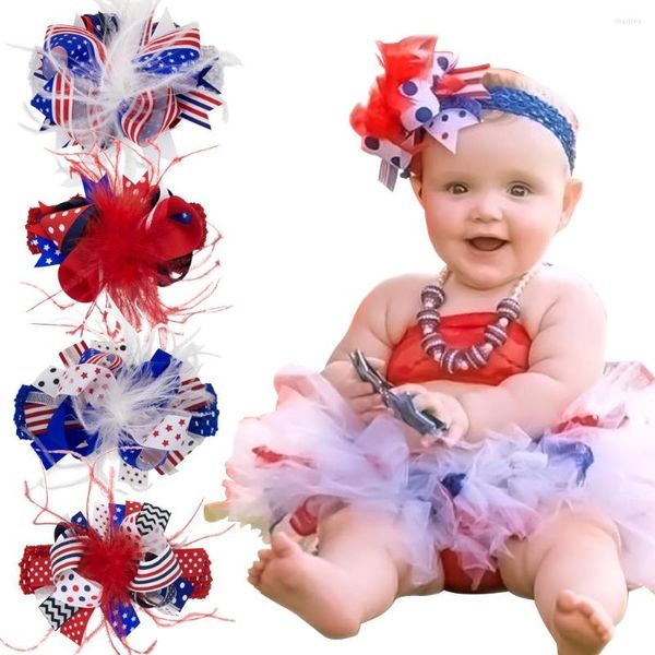 Acessórios para o cabelo 8pcs Grosgrain Bow com clipe de 4 de julho do Dia Nacional da Independência Americana Independência Hairband Feather Wholesale