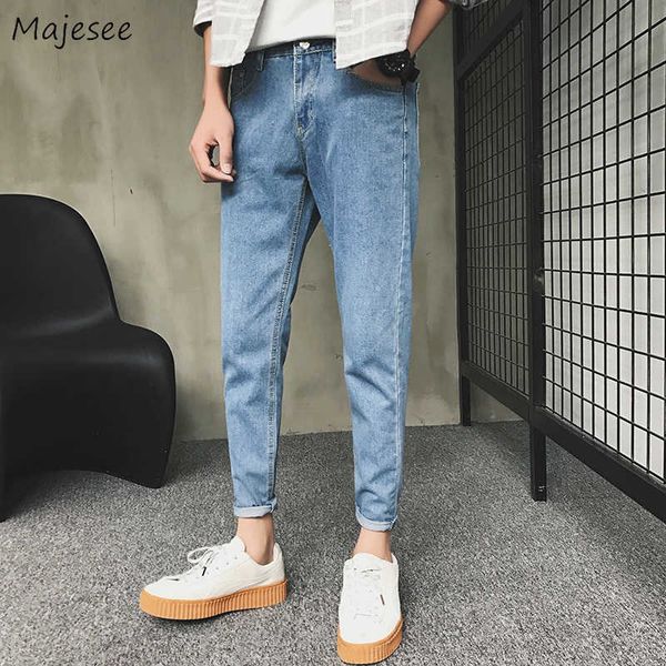 Jeans Masculino Comprimento do Tornozelo Jeans Lápis Masculino Ajuste Justo Calças Denim Colégio Coreano Lavado Streetwear Outono Zíper Reta Calça Masculina BF Z0508